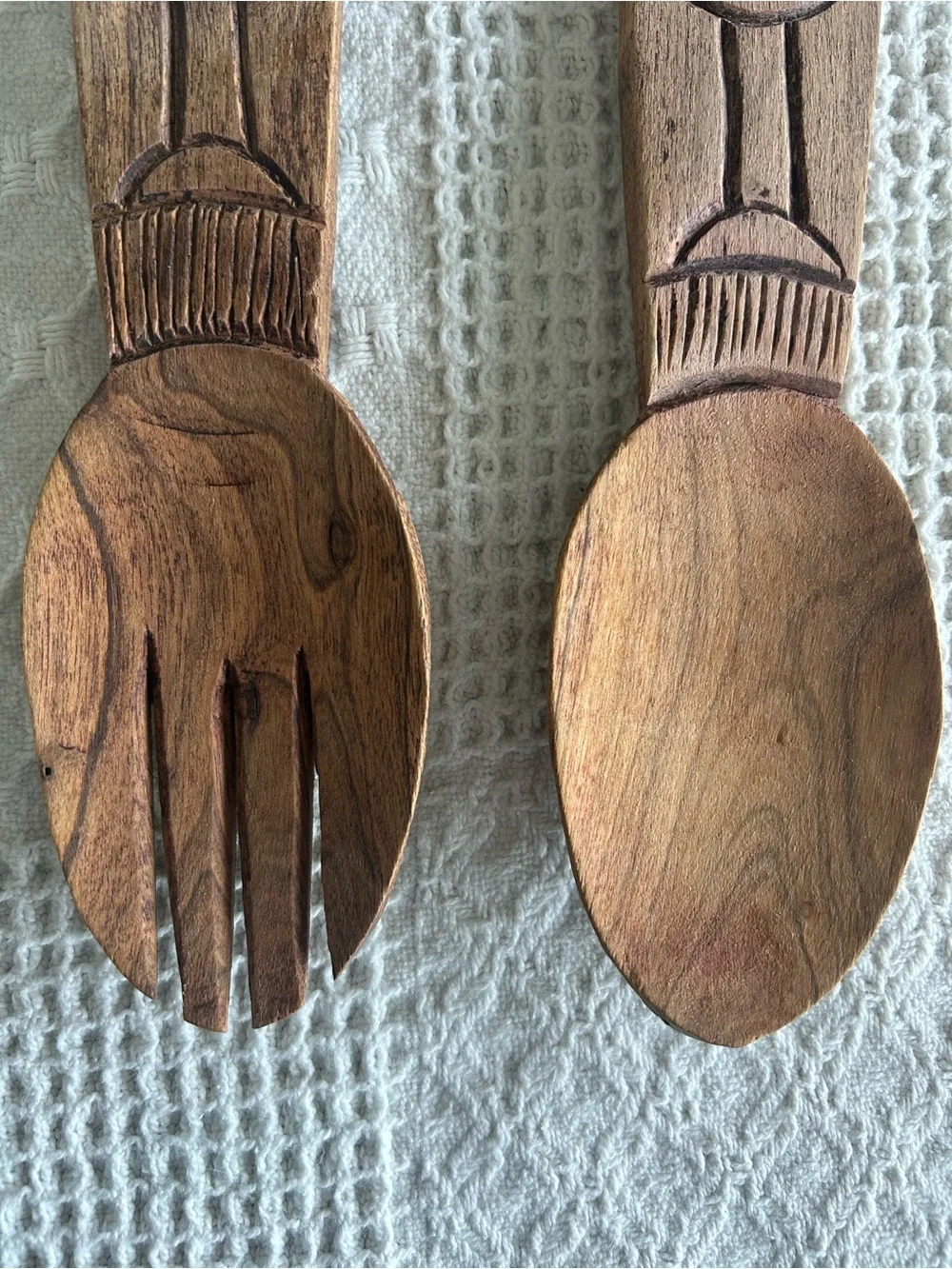Vintage Hand Carved Bird Wooden Salad Server Set